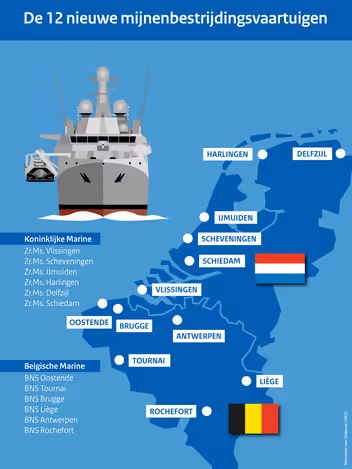 Een landkaart van België en Nederland waarop twaalf steden gemarkeerd zijn. Dit zijn tevens de namen van de nieuwe mijnenbestrijdingsvaartuigen.