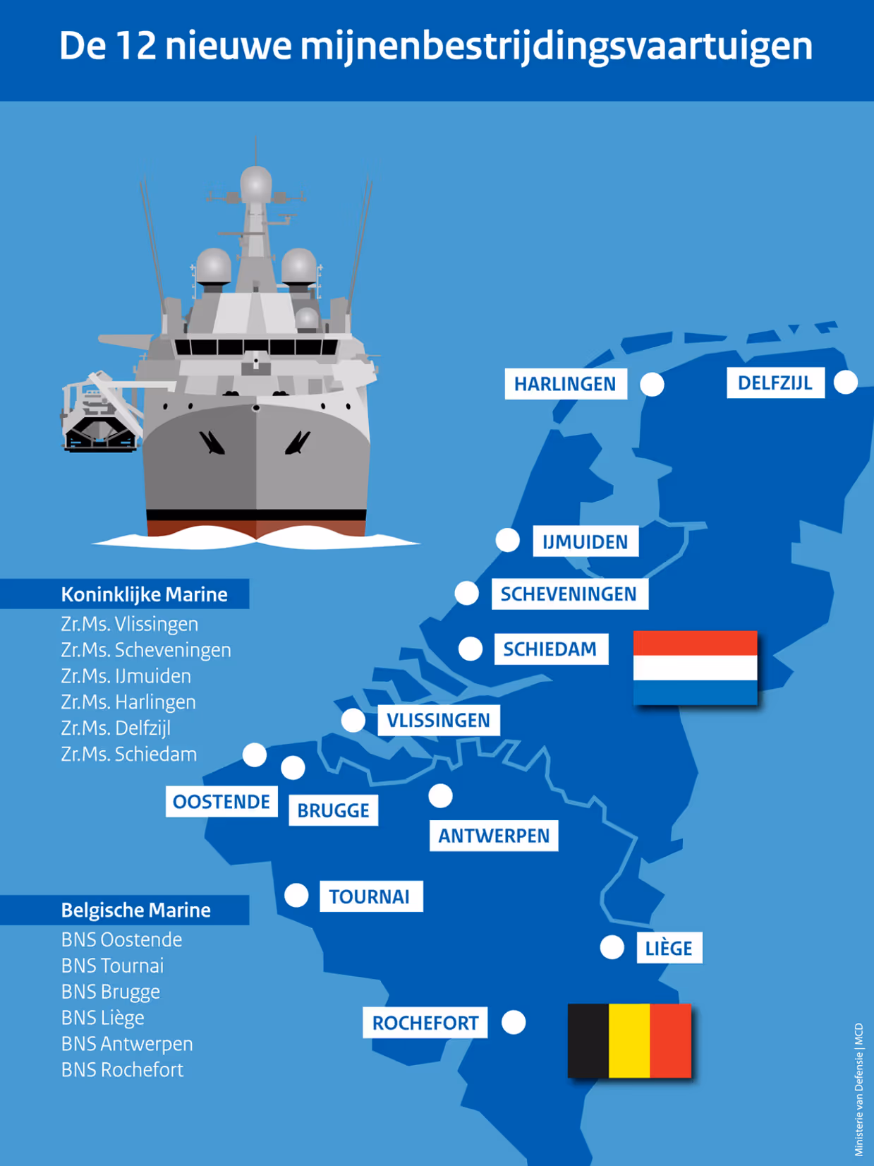 Een landkaart van België en Nederland waarop twaalf steden gemarkeerd zijn. Dit zijn tevens de namen van de nieuwe mijnenbestrijdingsvaartuigen.