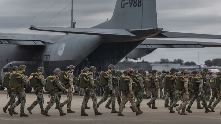 Hercules met op de voorgrond militairen die met een parachute op hun rug lopen. 