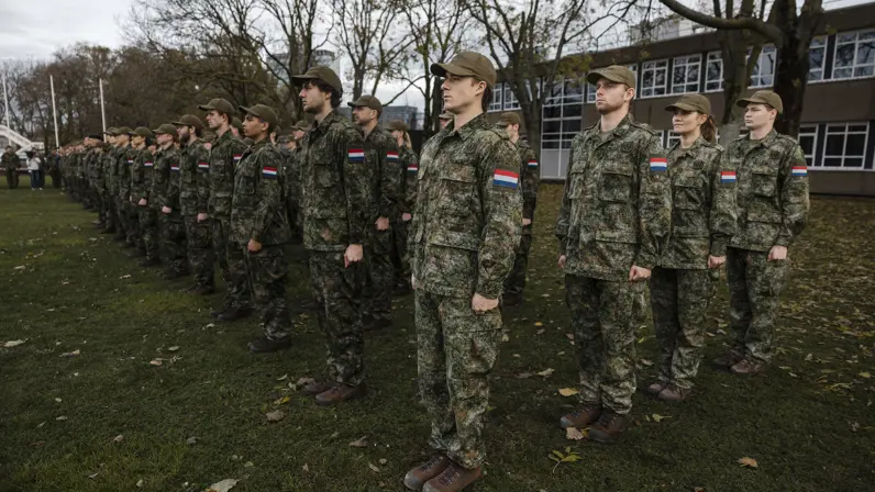 Militairen staan opgesteld. Ze dragen een groen pak en een veldpet.