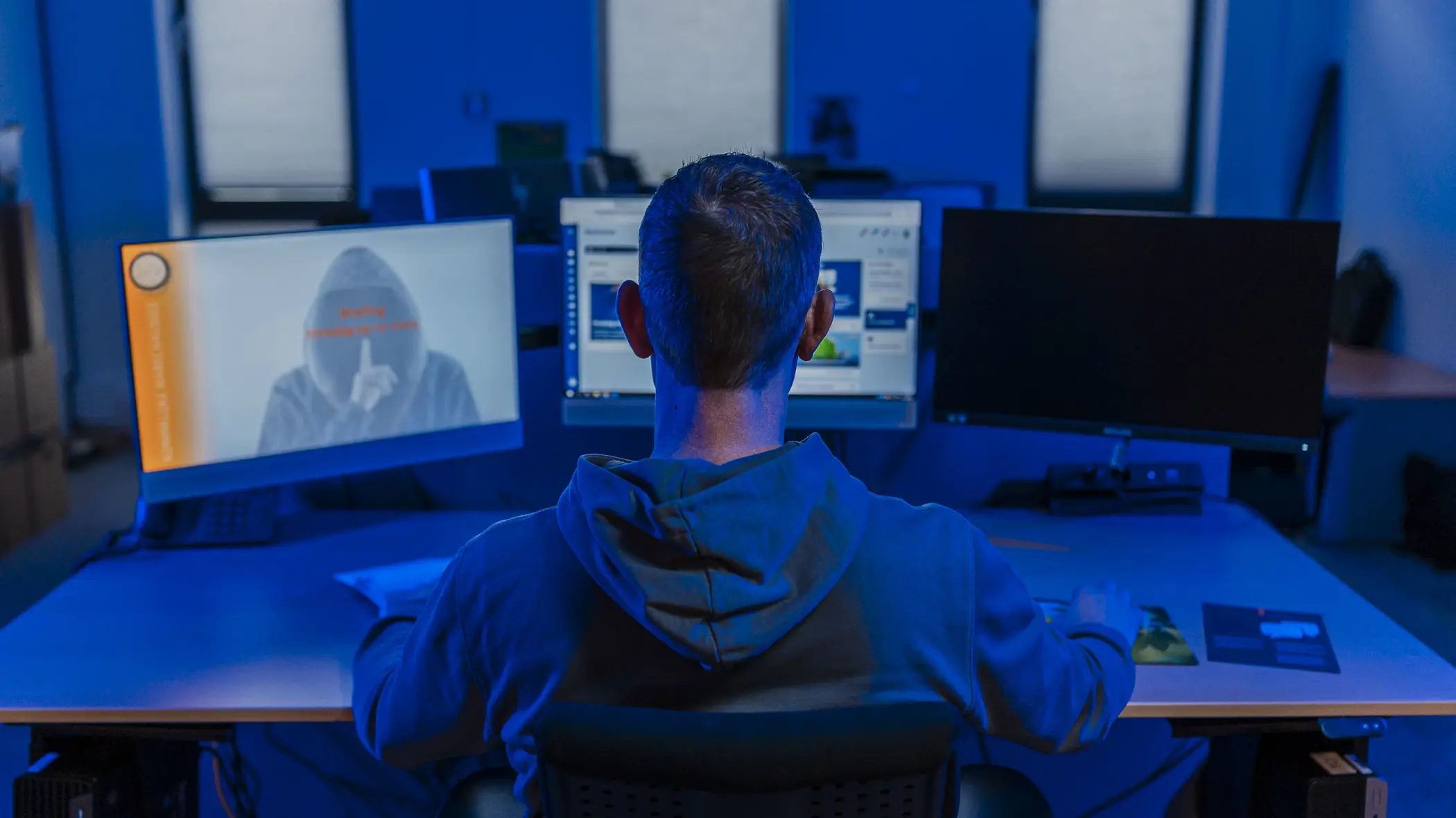 Professionele werkomgeving met een persoon aan een bureau, kijkend naar meerdere computerschermen in een blauw verlichte ruimte. Ook een silhouet van een gemaskerde figuur op één van de schermen.