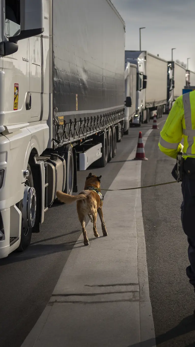 Marechaussee met hond op de rug gezien loopt langs trailer.