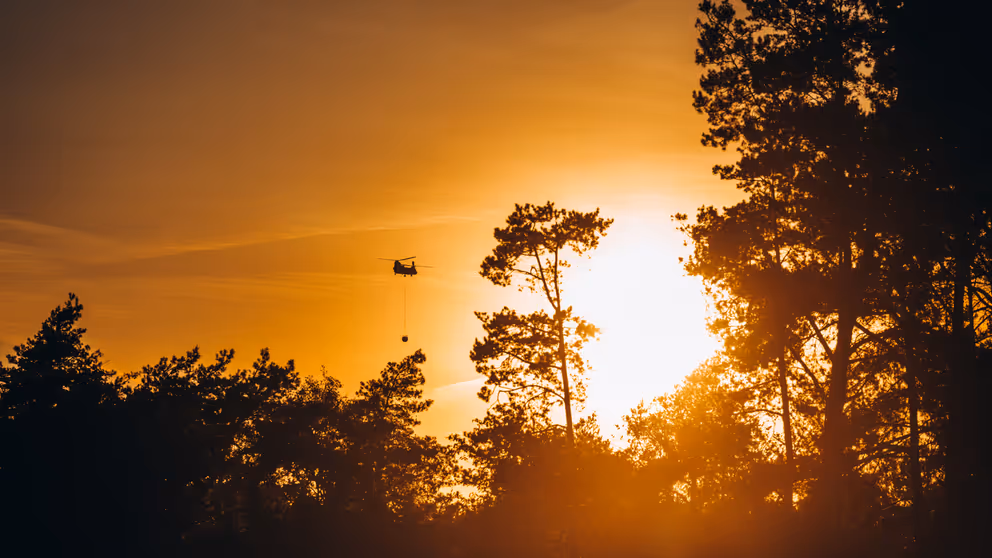 Helikopter vliegt boven bosrijk gebied.