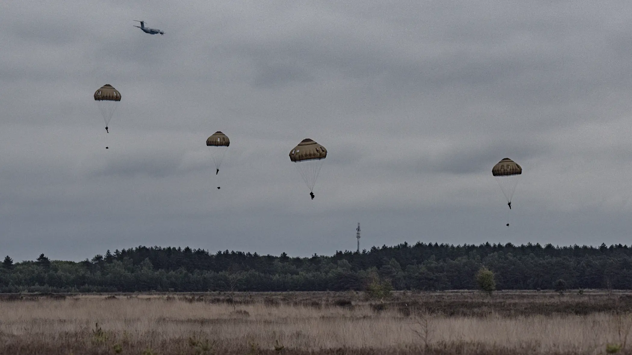 Meerdere parachutisten dalen neer boven de Belgische heide terwijl een transportvliegtuig op de achtergrond wegvliegt tijdens oefening Versatile Guard.