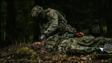Bij een oefening helpt een militair een gewonde collega tijdens een ZHKH-casus. 