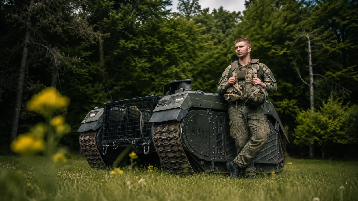 Een AI-gegenereerde foto van een militair in gevechtsuitrusting voor een Milrem THeMIS UGV.