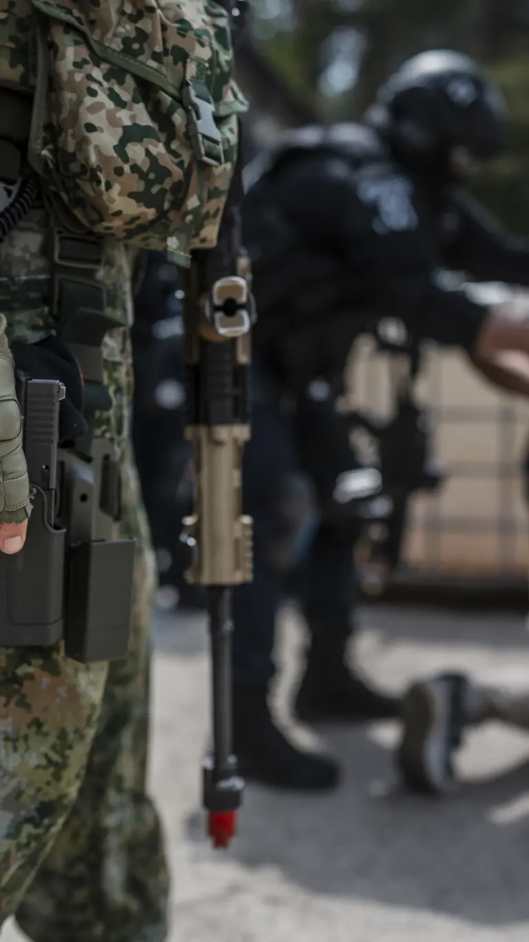 Militair staat op de voorgrond paraat met wapen en op de achtergrond wordt iemand aangehouden door de Politie.