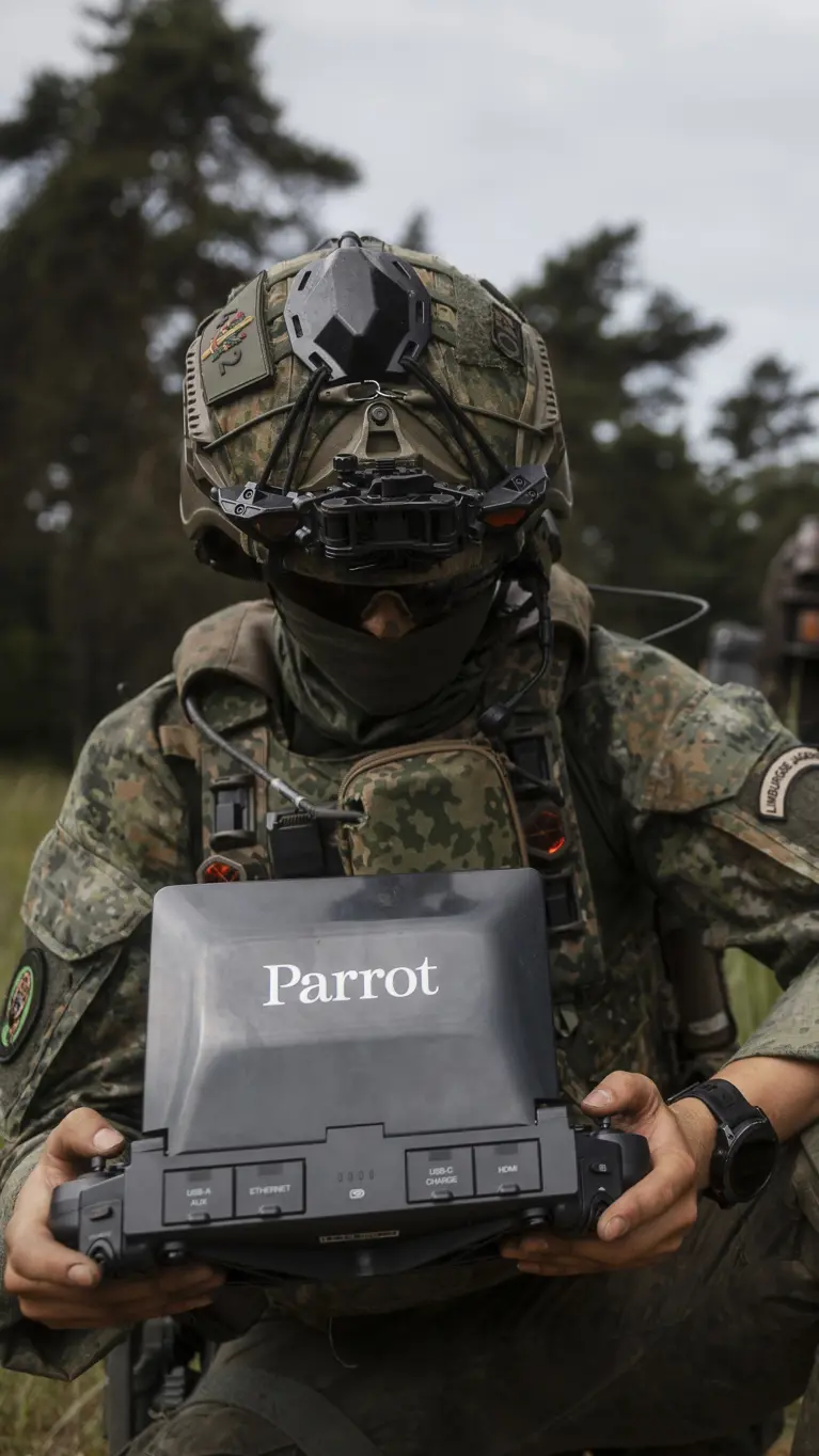 Een militair bereidt een dronevlucht voor tijdens oefening Fighter Lion, terwijl collega's op de achtergrond de operatie coördineren.