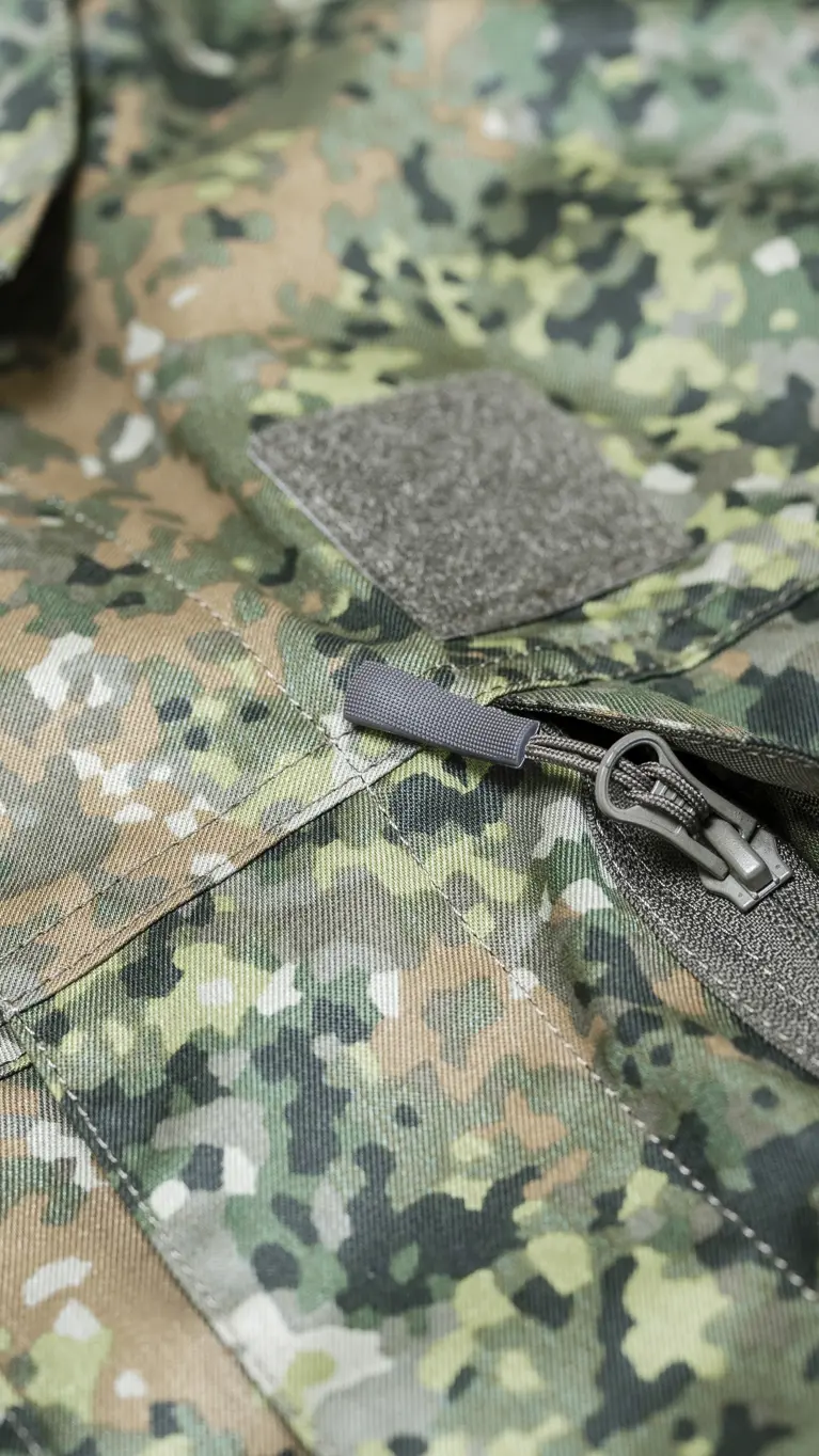 Detail van rits borstzak op militair pak in groen camouflagepatroon.