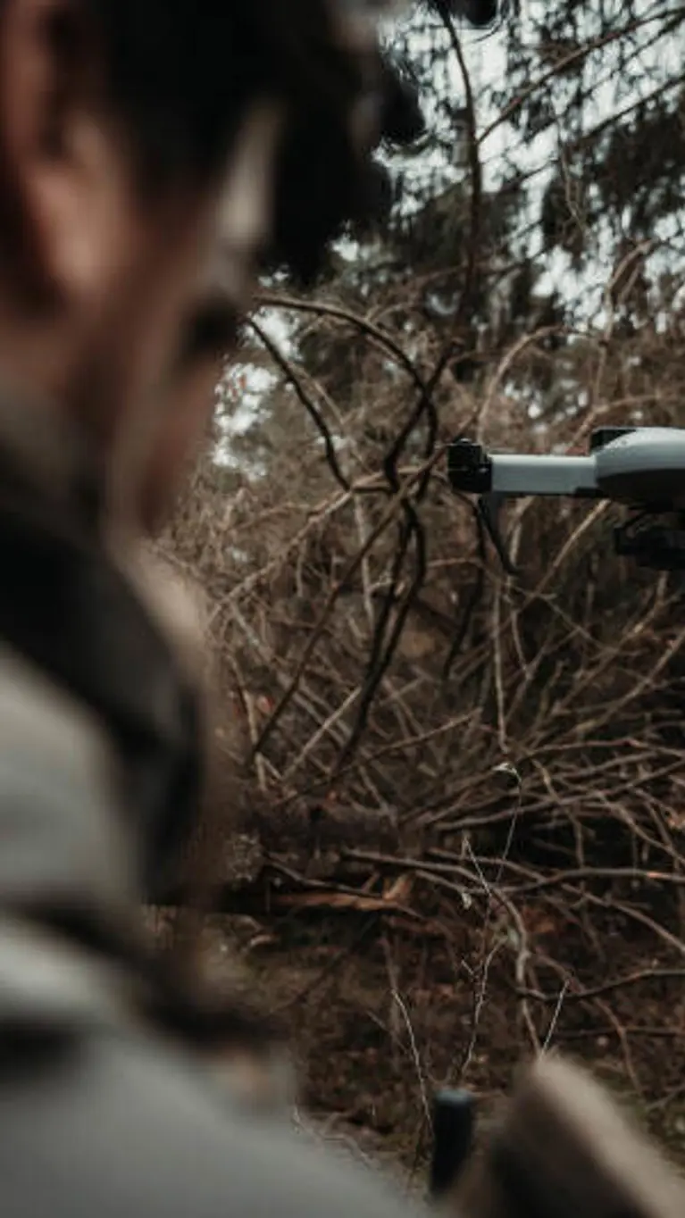 Een grijze drone vliegt voor een militair, die vanaf de achterkant wordt bezien 
