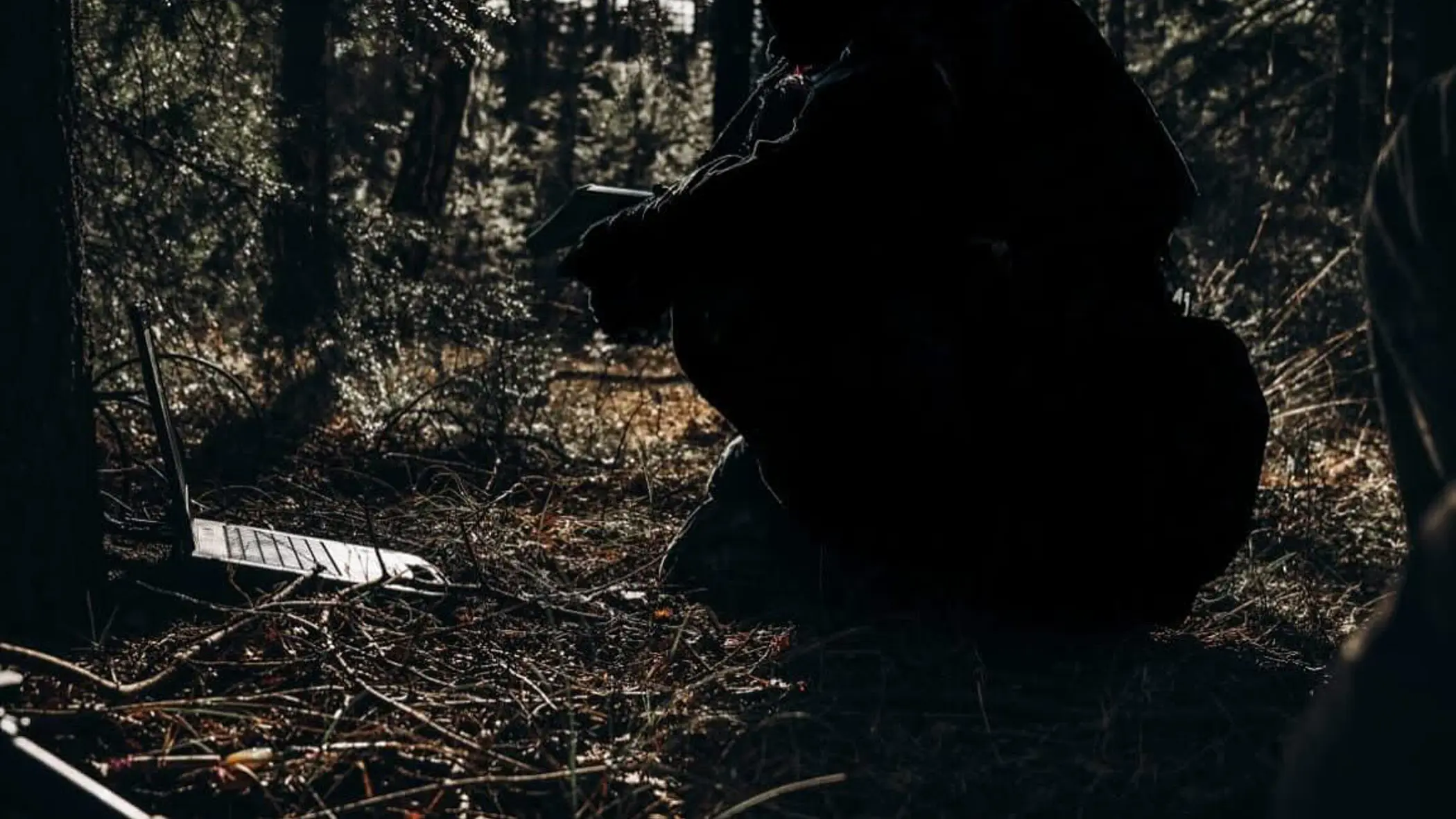 Een militair, waarvan enkel een silhouet te zien is, buigt zich over een laptop in het bos.