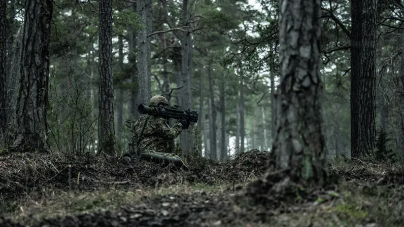Militairen in het bos met een wapen op de schouder.