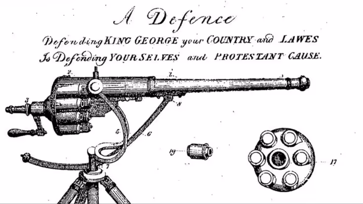 Oude tekening van een machinegeweer op statief, met tekst "A Defence", munitie en een ronde trommel. 