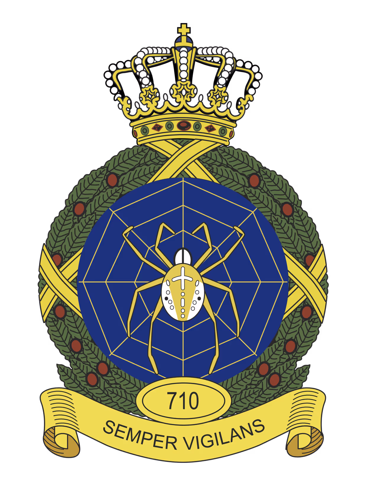 Kleurenfoto van een embleem met een spin in een web en een lauwerkrans eromheen.