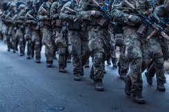 2 rijen marsende deelnemers aan de Nationale Weerbaarheidstraining in uniform met wapen in de hand.