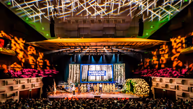 Een volle zaal in bioscoopopstelling met op het podium militairen van de verschillende krijgsmachtdelen en onder meer een groene tent en marechaussee-motor. De zaal is verlicht met roze, oranje en groen.