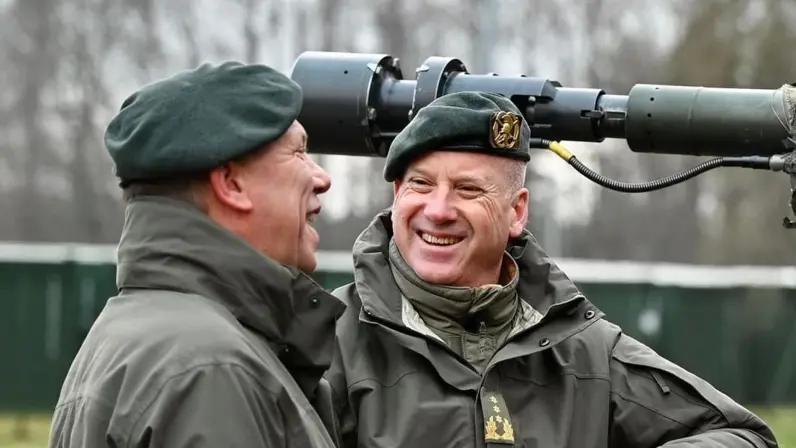 Twee militairen, lachend in gesprek met elkaar. Op de achtergrond de loop van een kanon.