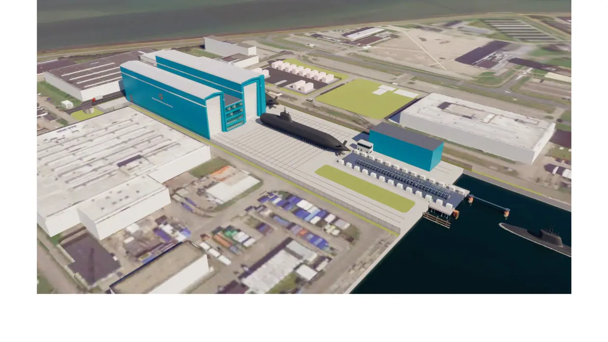 Een art impression van een werf met hallen en een onderzeeboot.