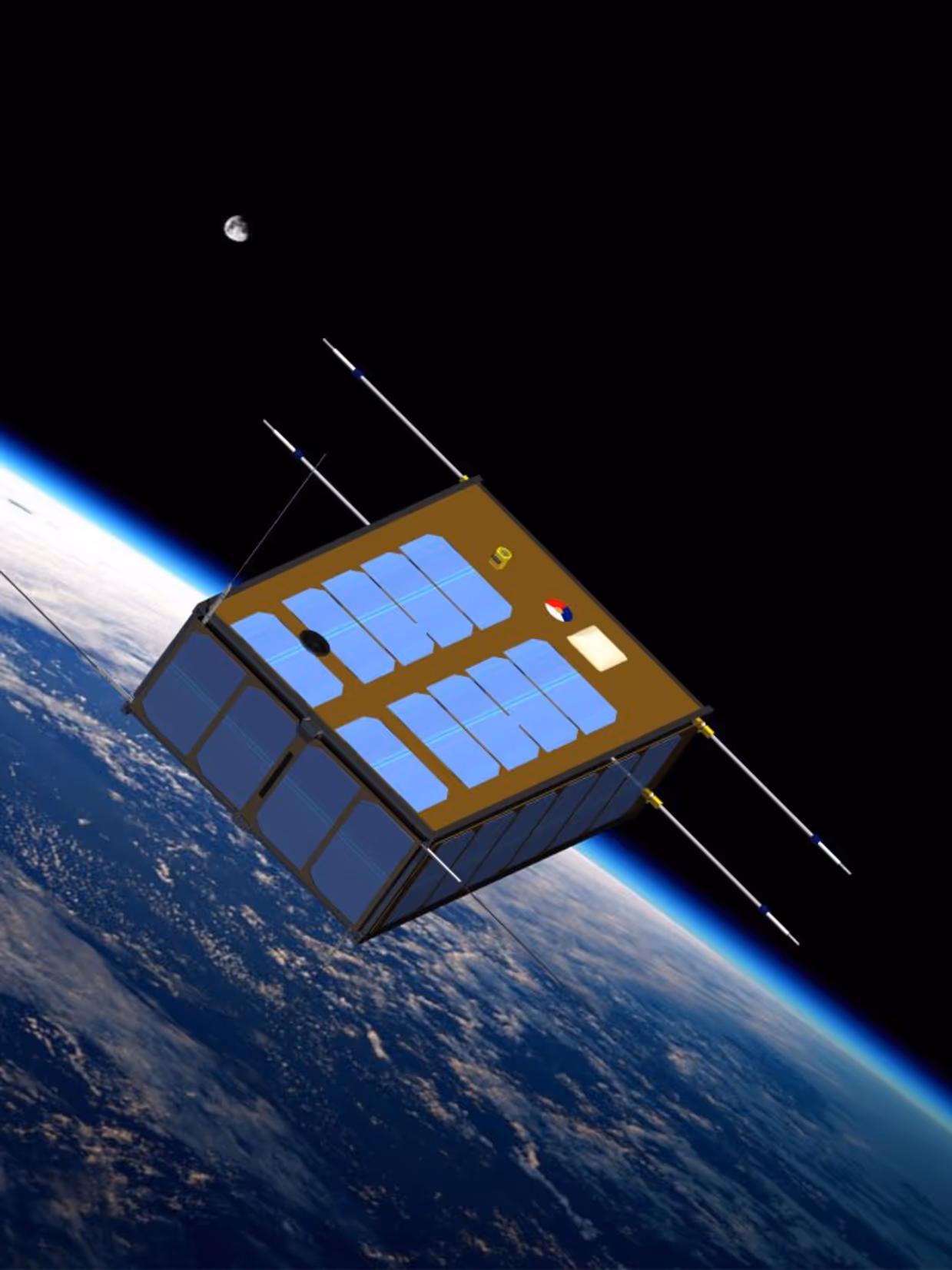 Illustratie van een kleine satelliet die in een baan rond de aarde beweegt. 