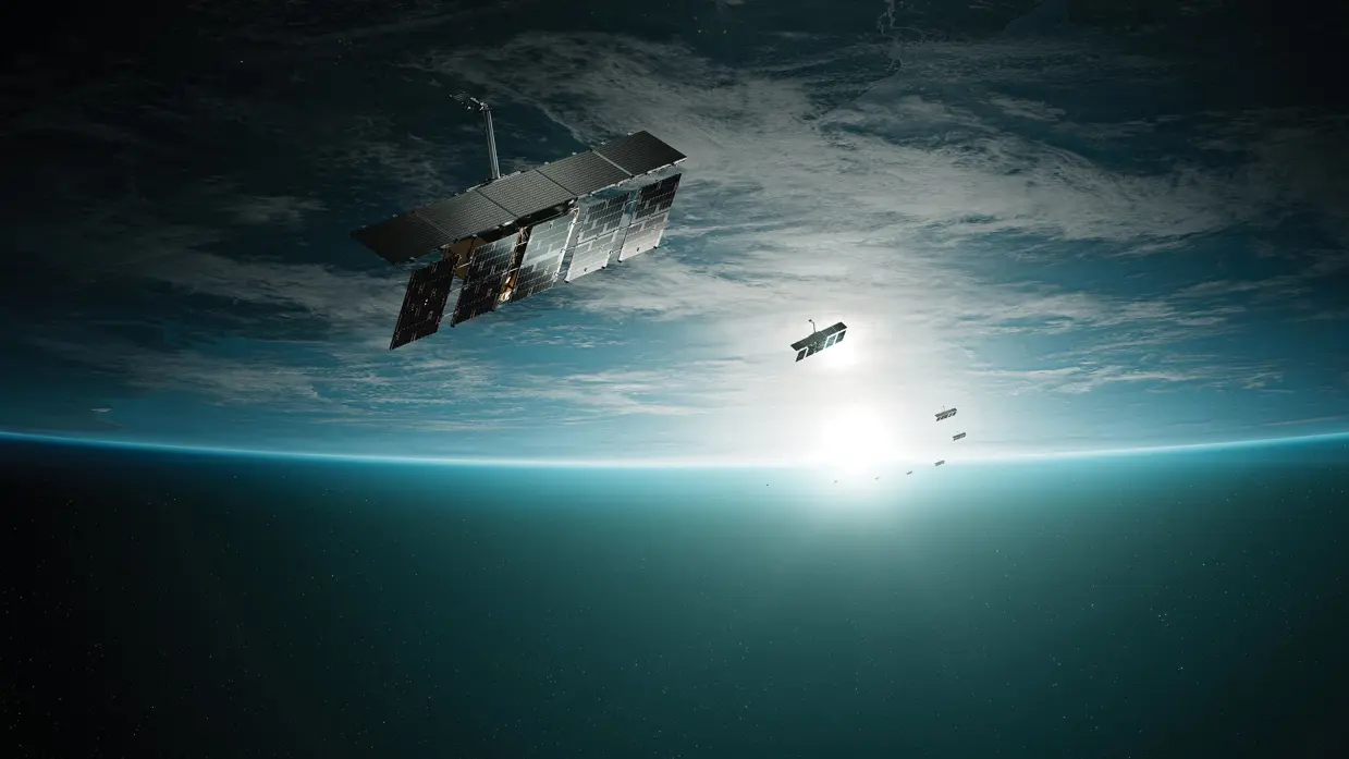Render van een constellatie satellieten van ICEYE.