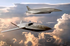 Autonome onbemenste luchtsystemen vliegen. Grillige, roze wolken op de achtergrond.