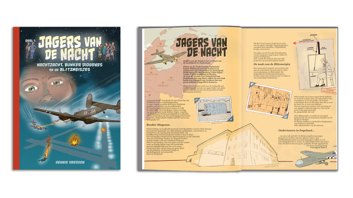 Een compilatie van de cover van het boek en twee opengeslagen pagina’s.