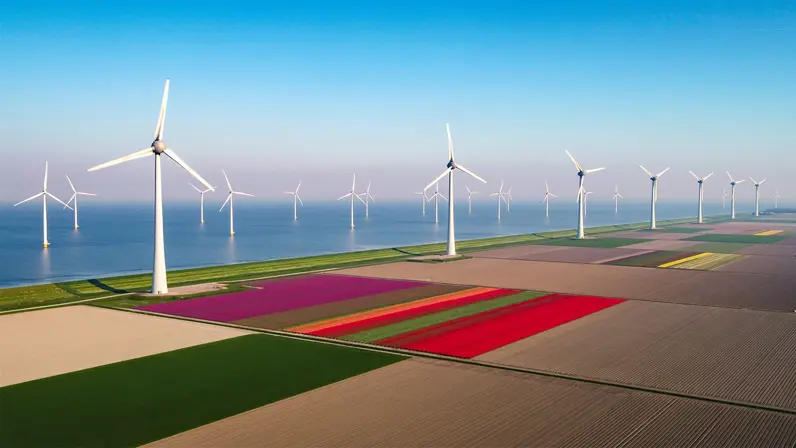 Bollenvelden aan zee, met windmolens aan de kust en in het water.